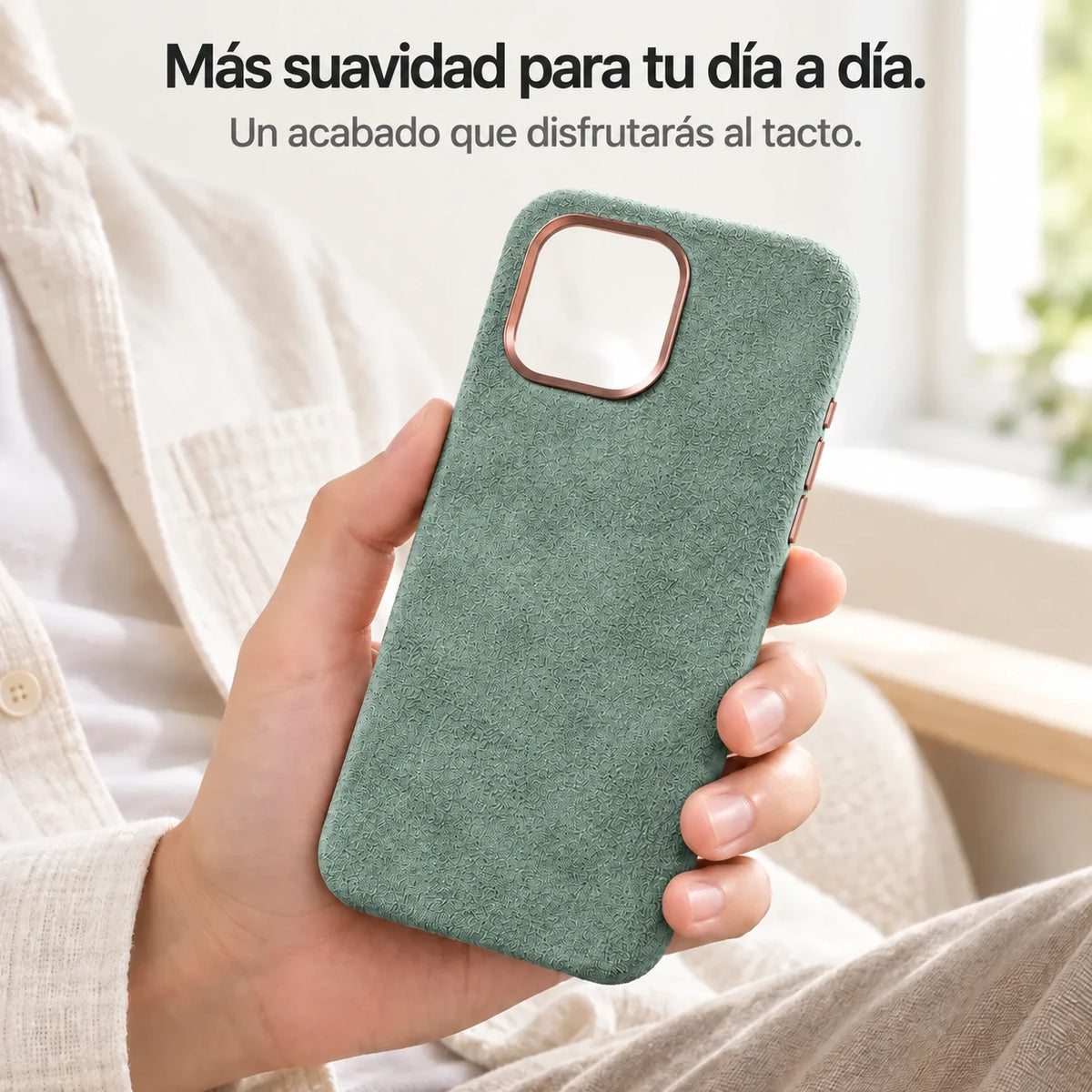 Light green fabric phone case held in one hand, showing its textured back. #color_Sage Green