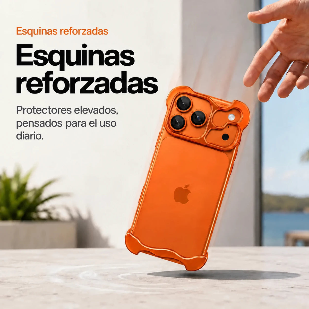 Orange sculpted phone case shown during a corner drop demonstration #color_Cosmic Orange