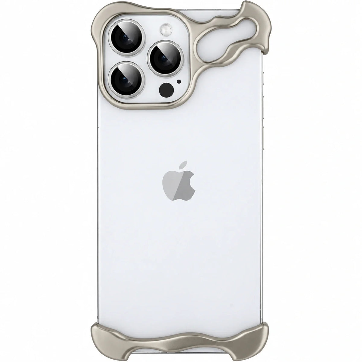 Natural titanium sculpted metal phone bumper around a pale triple camera phone #color_Natural Titanium
