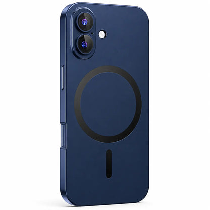 Navy blue metal magnetic phone case with two vertically arranged camera openings shown from the back on white #color_Deep Blue