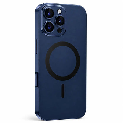 Navy blue metal magnetic phone case with three camera openings shown from the back on white #color_Deep Blue