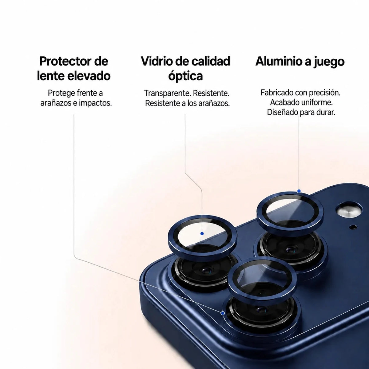 Navy blue metal phone case in an exploded close-up showing camera lens guards and trim #color_Deep Blue