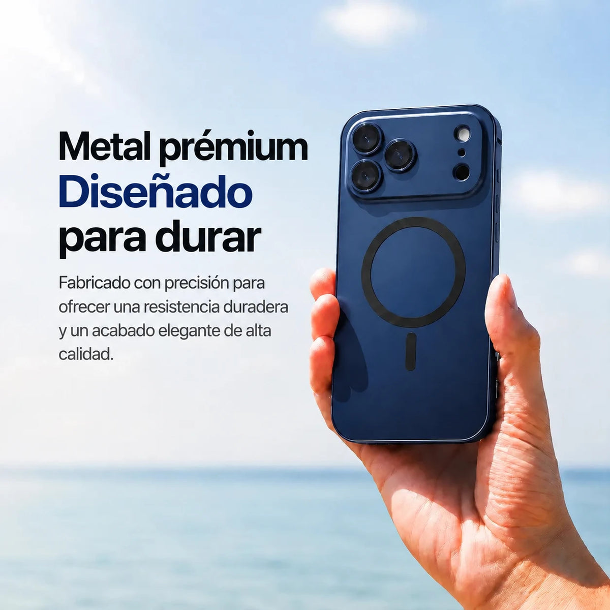 Navy blue metal magnetic phone case held upright beside the sea with a material feature caption #color_Deep Blue