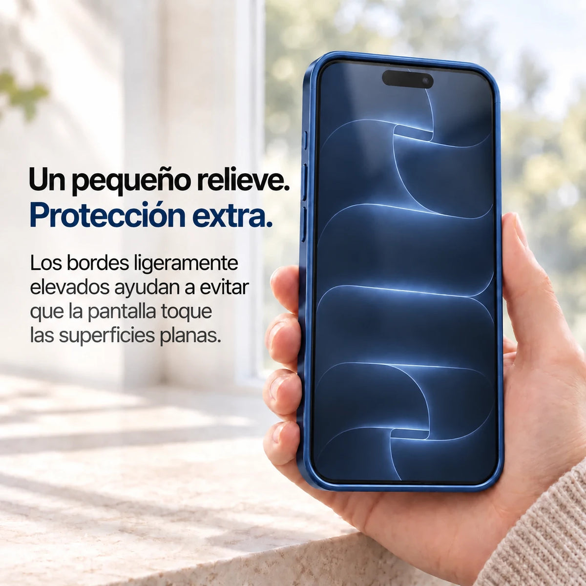 Navy blue metal phone case held with the front display and raised screen edges visible #color_Deep Blue