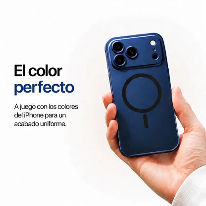Navy blue metal magnetic phone case held in one hand against a pale studio background #color_Deep Blue