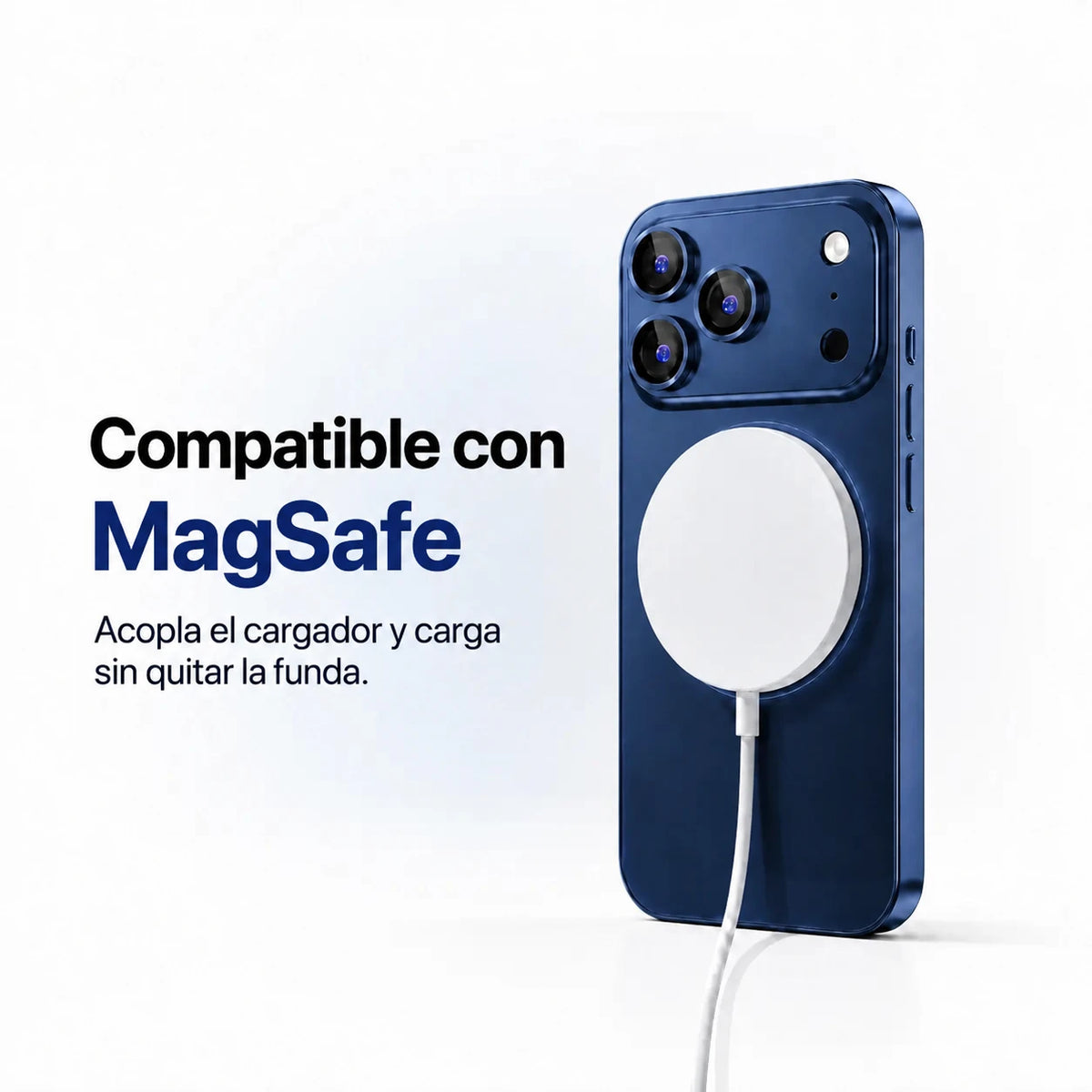 Navy blue metal phone case attached to a round white magnetic wireless charging puck #color_Deep Blue