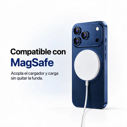 Navy blue metal phone case attached to a round white magnetic wireless charging puck #color_Deep Blue