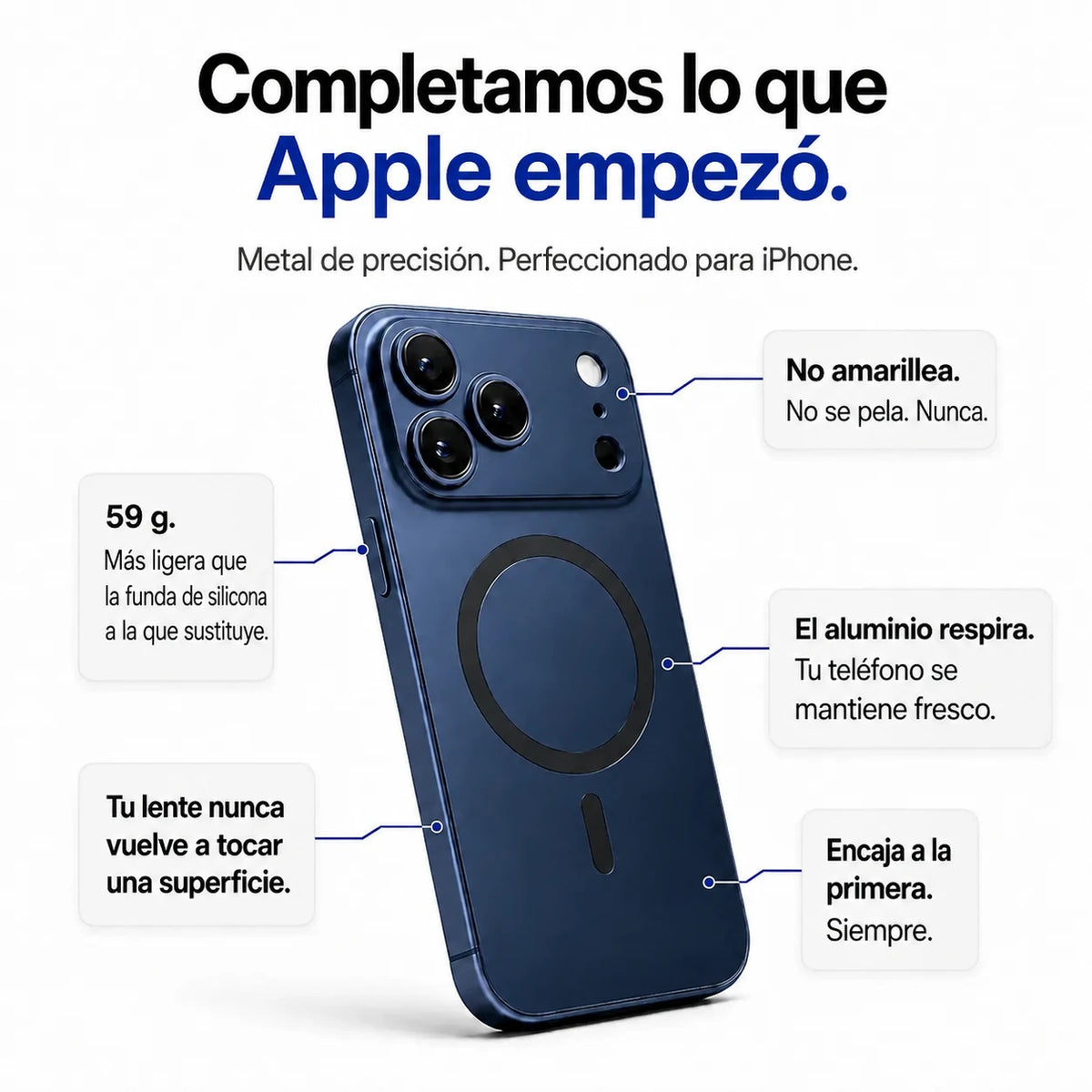 Navy blue metal magnetic phone case surrounded by feature labels on a white background #color_Deep Blue