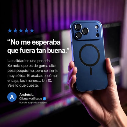 Navy blue metal magnetic phone case held beside a purple-lit desk with a customer review quote #color_Deep Blue