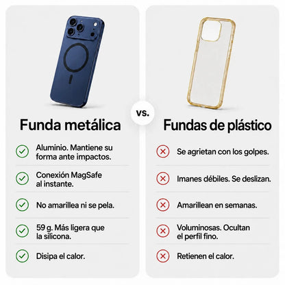Navy blue metal magnetic phone case beside a plastic case in a feature comparison graphic #color_Deep Blue