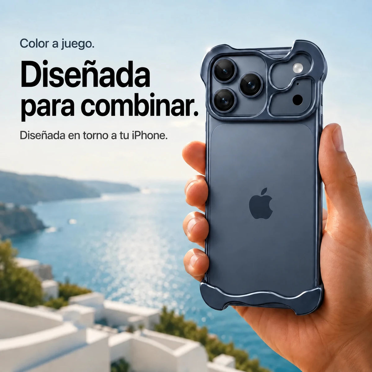 Navy blue sculpted metal phone case held in a hand above a coastal background #color_Deep Blue