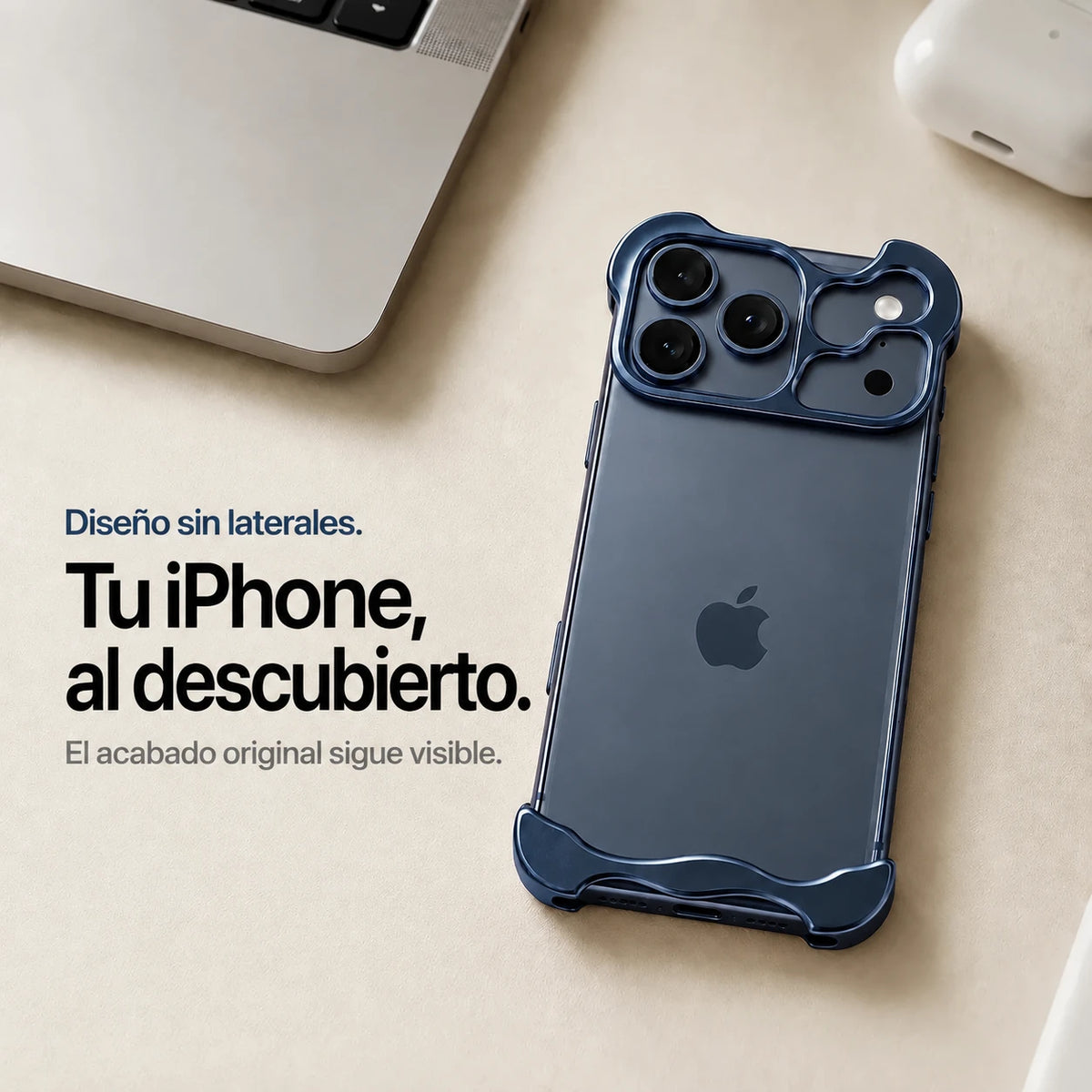 Navy blue sculpted metal phone case on a desk showing the open back #color_Deep Blue