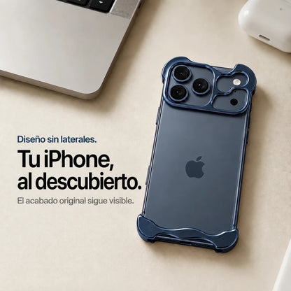 Navy blue sculpted metal phone case on a desk showing the open back #color_Deep Blue