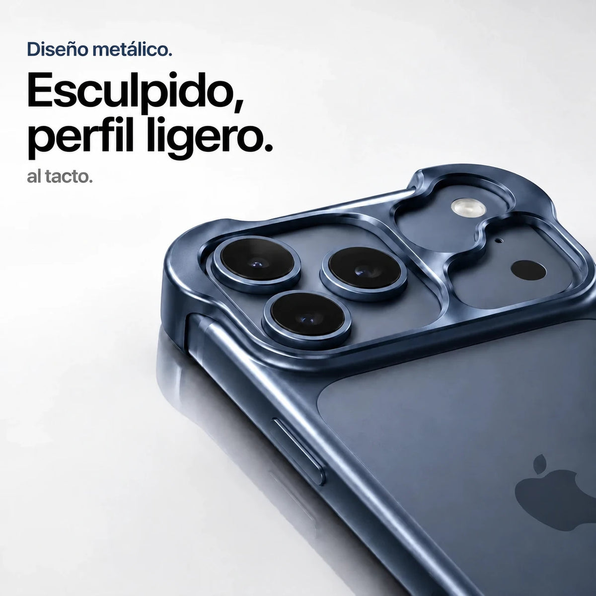 Navy blue sculpted metal phone case showing a close view of its sculpted camera guard #color_Deep Blue