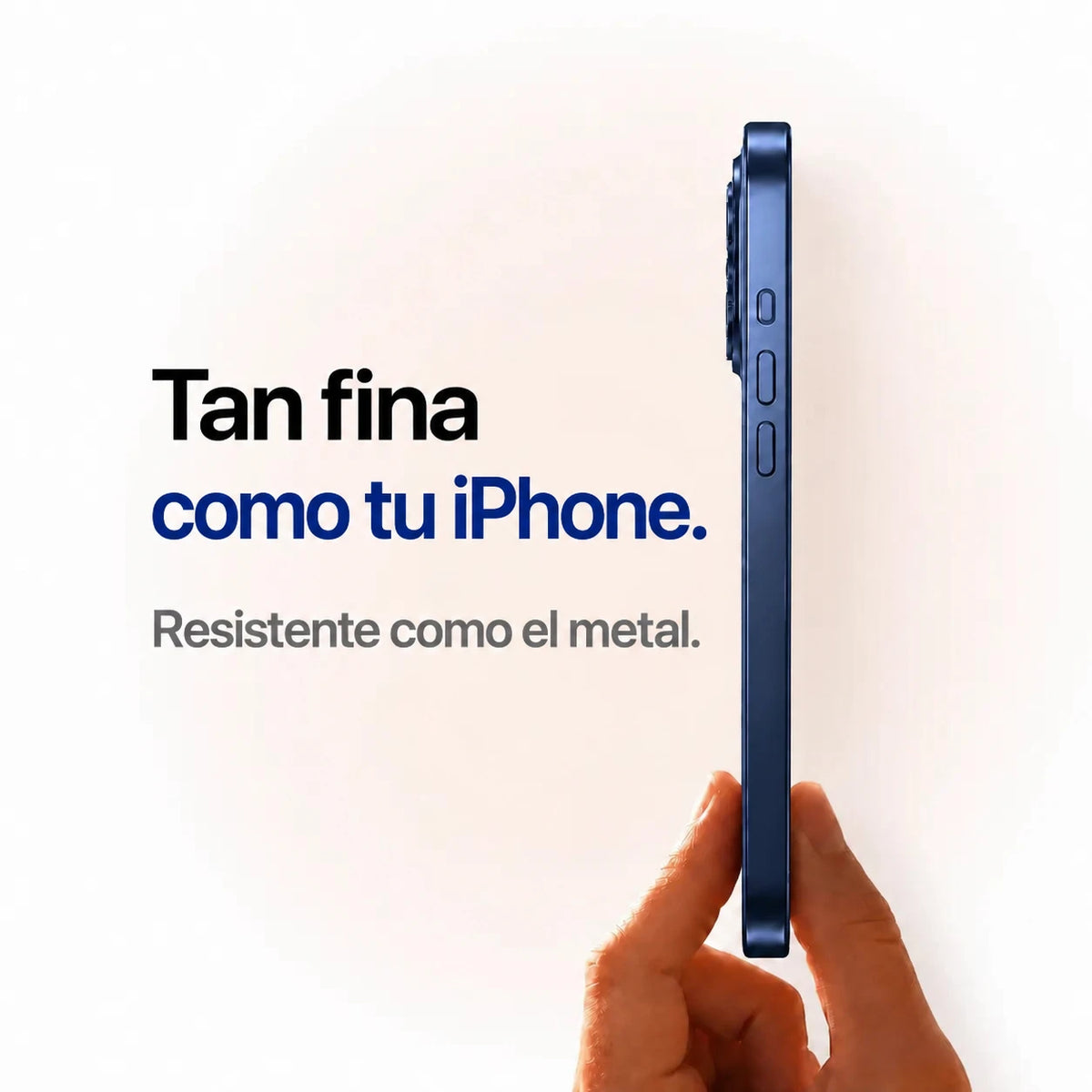 Navy blue metal phone case held edge-on to show its slim side profile #color_Deep Blue