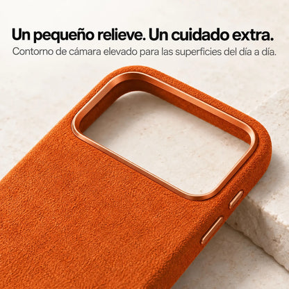 Orange fabric phone case with a close view of the raised camera surround. #color_Cosmic Orange