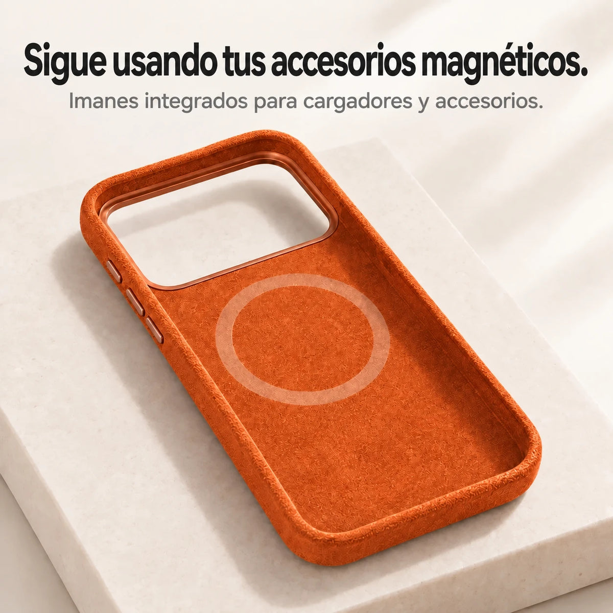 Orange fabric phone case interior showing the circular magnetic ring. #color_Cosmic Orange