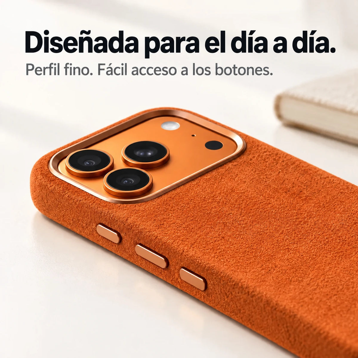 Orange fabric phone case with a close view of its slim side and controls. #color_Cosmic Orange