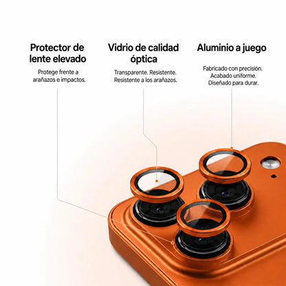 Orange metal phone case in an exploded close-up showing camera lens guards and trim #color_Cosmic Orange