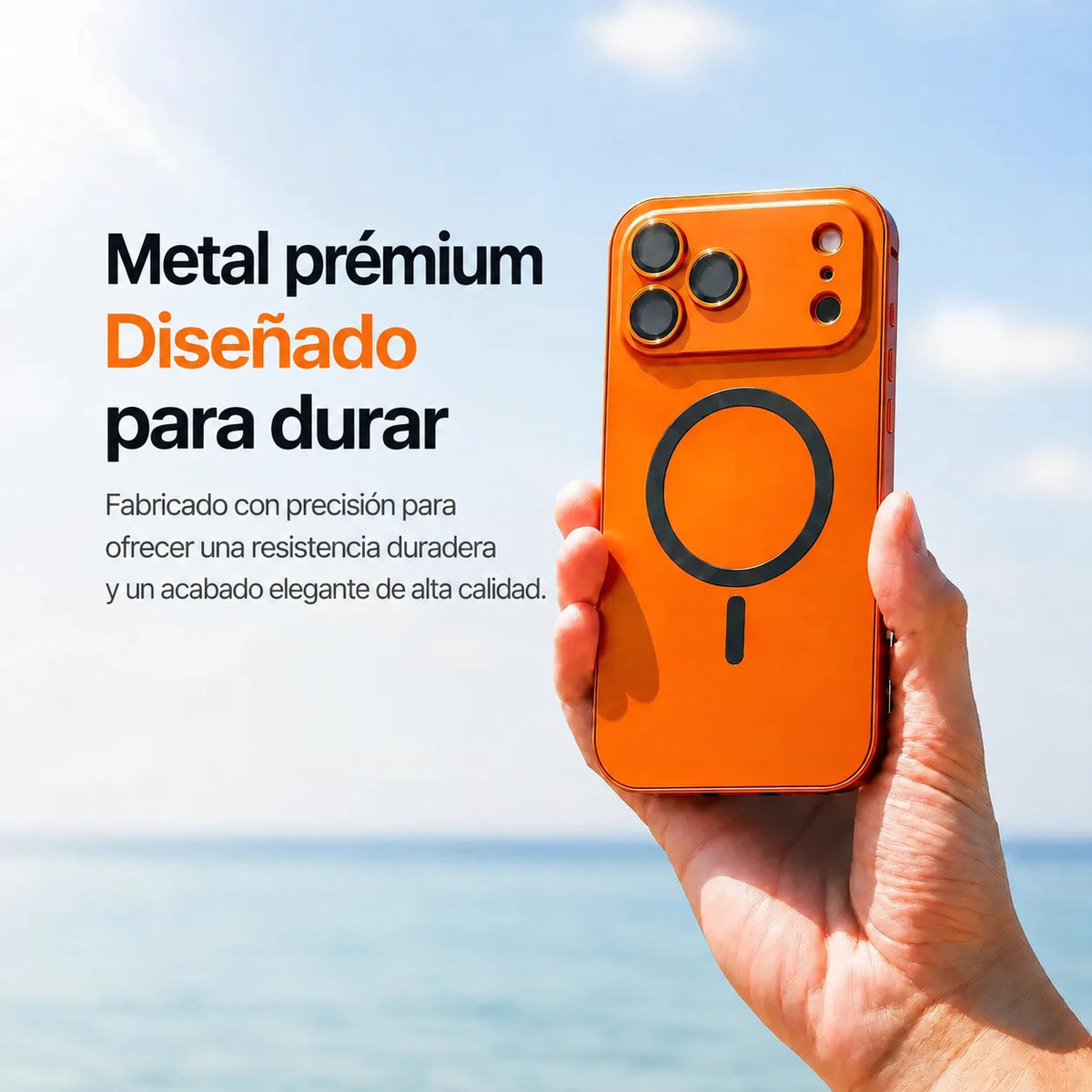 Orange metal magnetic phone case held upright beside the sea with a material feature caption #color_Cosmic Orange
