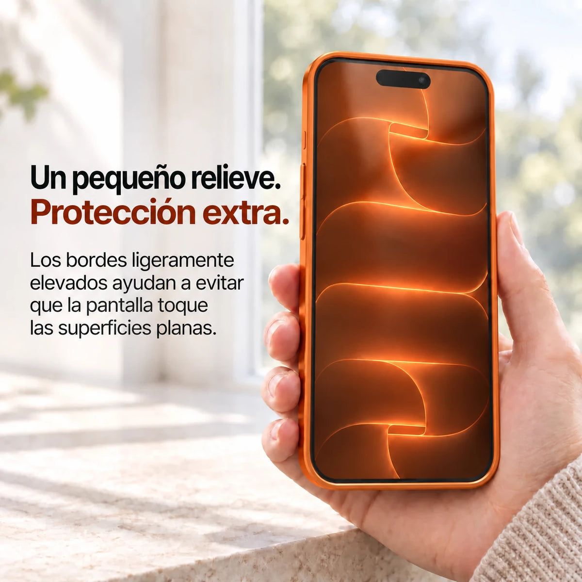 Orange metal phone case held with the front display and raised screen edges visible #color_Cosmic Orange
