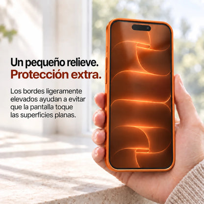 Orange metal phone case held with the front display and raised screen edges visible #color_Cosmic Orange