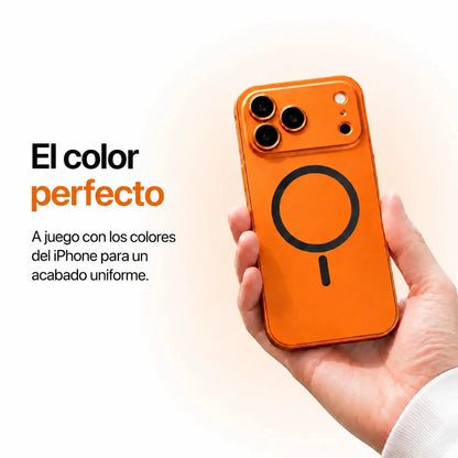Orange metal magnetic phone case held in one hand against a pale studio background #color_Cosmic Orange