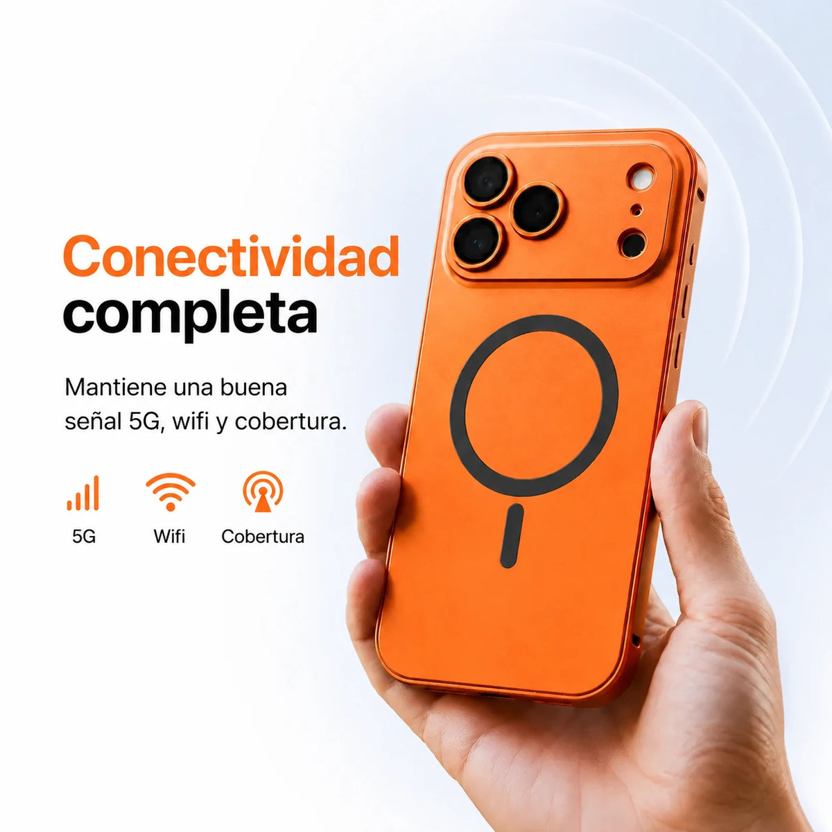 Orange metal magnetic phone case held upright with illustrated signal icons #color_Cosmic Orange