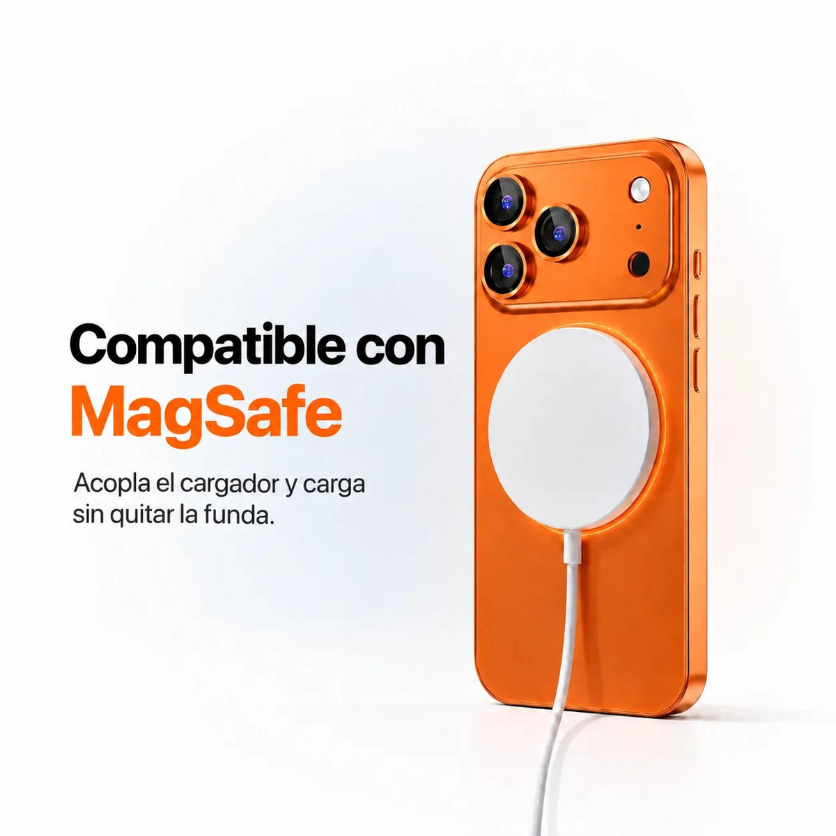 Orange metal phone case attached to a round white magnetic wireless charging puck #color_Cosmic Orange