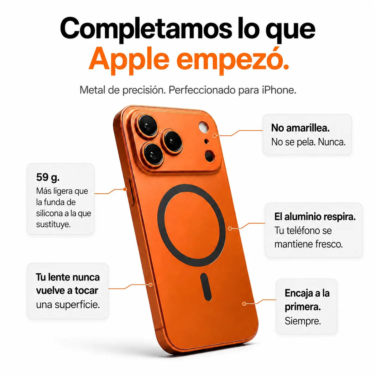 Orange metal magnetic phone case surrounded by feature labels on a white background #color_Cosmic Orange