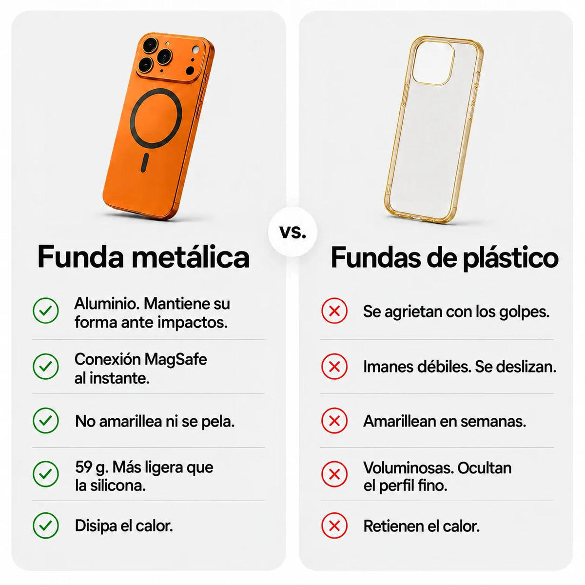 Orange metal magnetic phone case beside a plastic case in a feature comparison graphic #color_Cosmic Orange