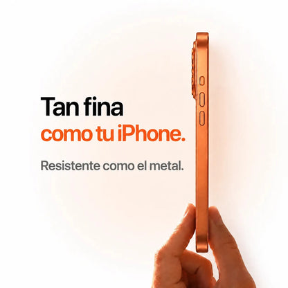 Orange metal phone case held edge-on to show its slim side profile #color_Cosmic Orange
