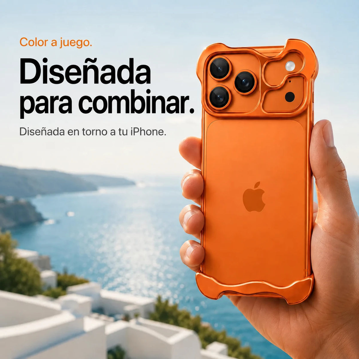 Orange sculpted phone case held above a coastal view #color_Cosmic Orange