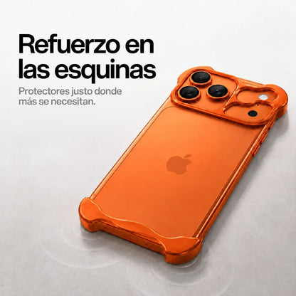 Orange sculpted phone case lying on a desk to show raised corner protection #color_Cosmic Orange