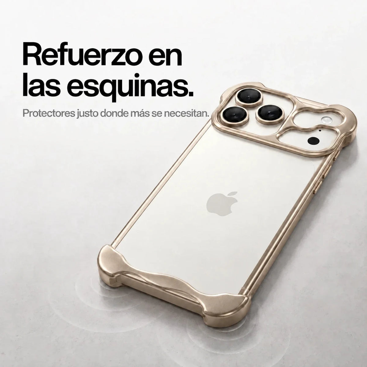 Sand gold sculpted metal phone case on a desk showing its protective corner bumpers #color_Desert Gold