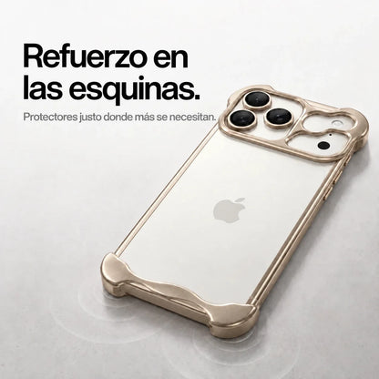 Sand gold sculpted metal phone case on a desk showing its protective corner bumpers #color_Desert Gold