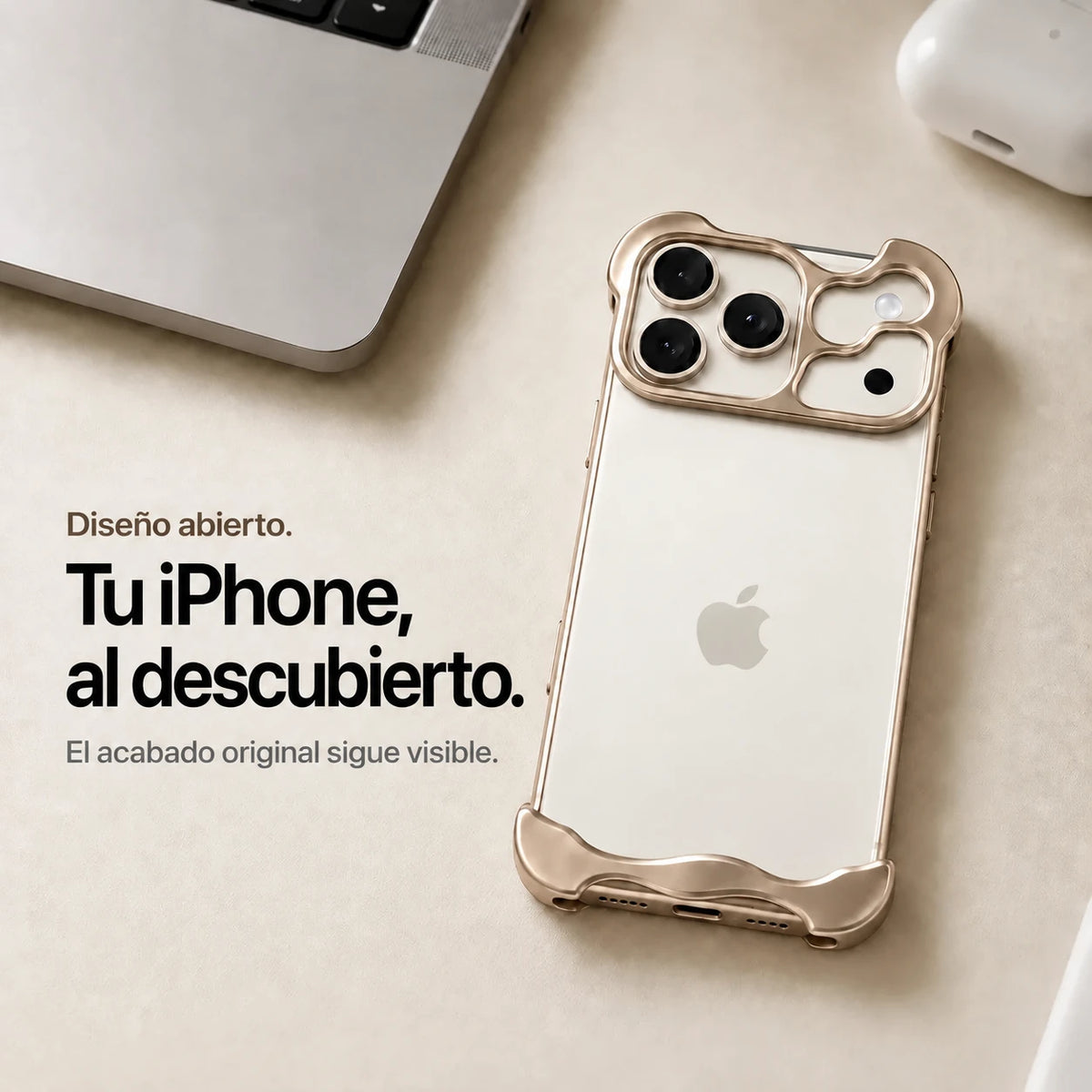 Sand gold sculpted metal phone case on a desk showing the open back #color_Desert Gold