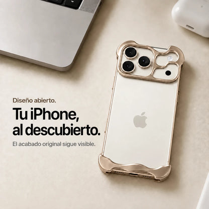 Sand gold sculpted metal phone case on a desk showing the open back #color_Desert Gold