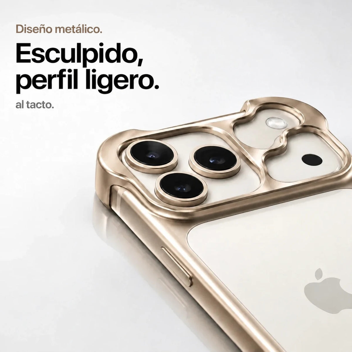 Sand gold sculpted metal phone case showing a close view of its sculpted camera guard #color_Desert Gold