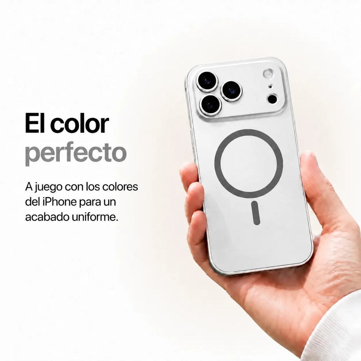 Silver metal magnetic phone case held in one hand against a pale studio background #color_Titanium Silver