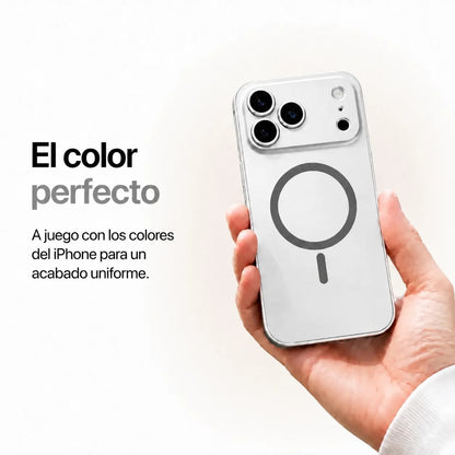 Silver metal magnetic phone case held in one hand against a pale studio background #color_Titanium Silver