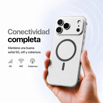 Silver metal magnetic phone case held upright with illustrated signal icons #color_Titanium Silver