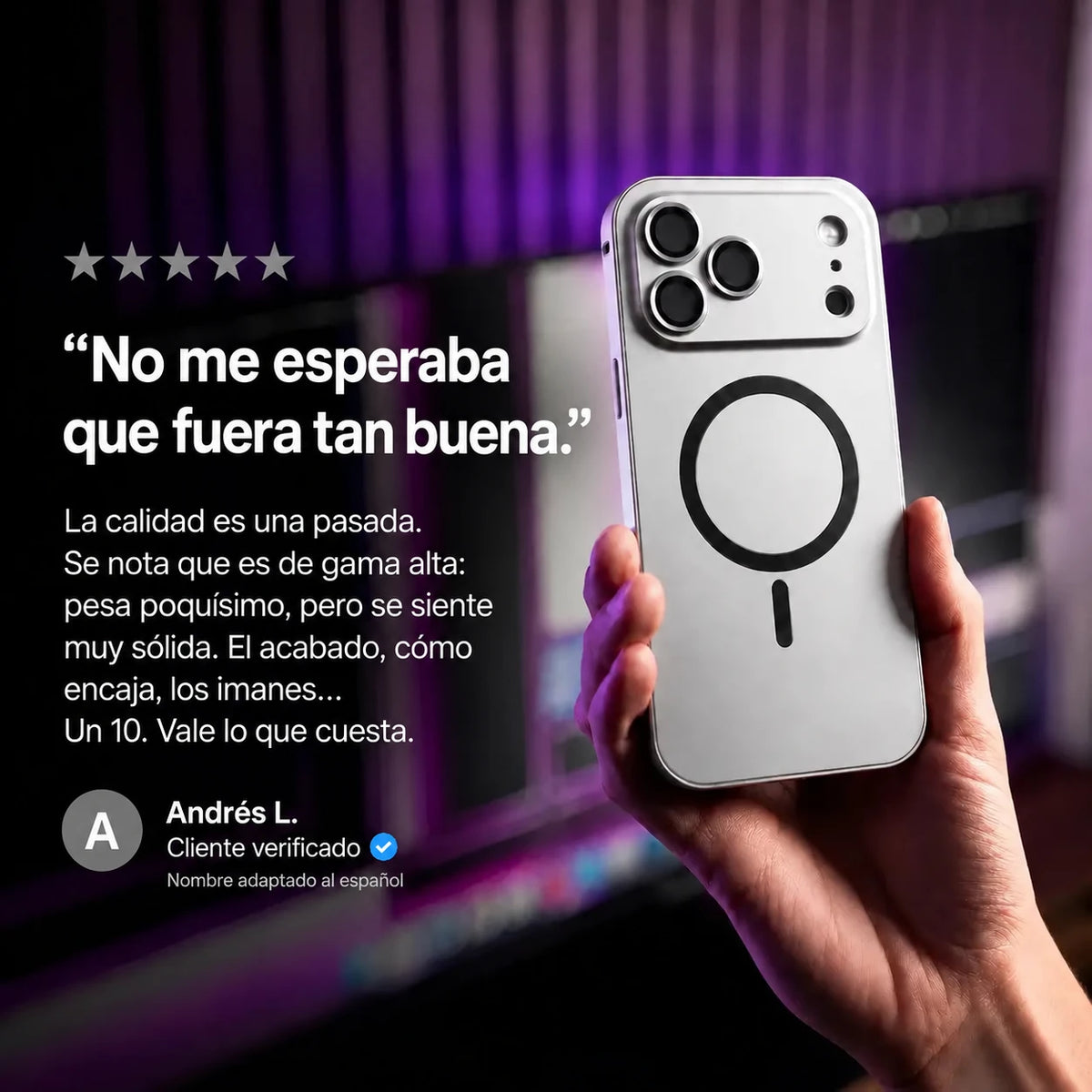 Silver metal magnetic phone case held beside a purple-lit desk with a customer review quote #color_Titanium Silver