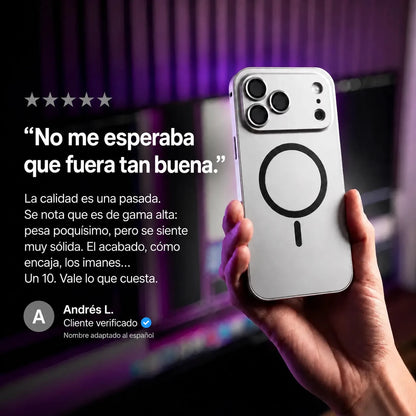 Silver metal magnetic phone case held beside a purple-lit desk with a customer review quote #color_Titanium Silver