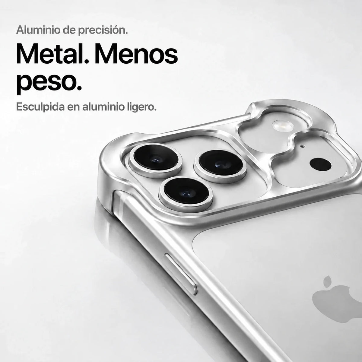 Silver sculpted metal phone case showing a close view of its sculpted camera guard #color_Titanium Silver