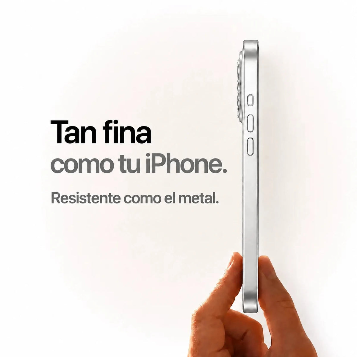Silver metal phone case held edge-on to show its slim side profile #color_Titanium Silver