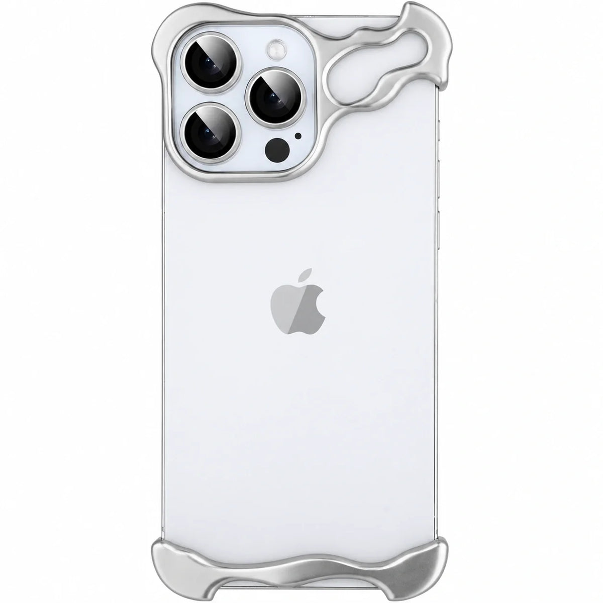 Titanium silver sculpted metal phone bumper around a pale triple camera phone #color_Titanium Silver