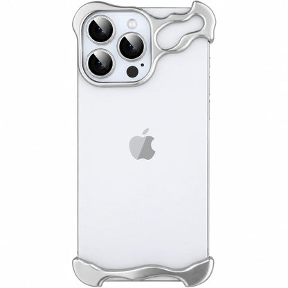 Titanium silver sculpted metal phone bumper around a pale triple camera phone #color_Titanium Silver