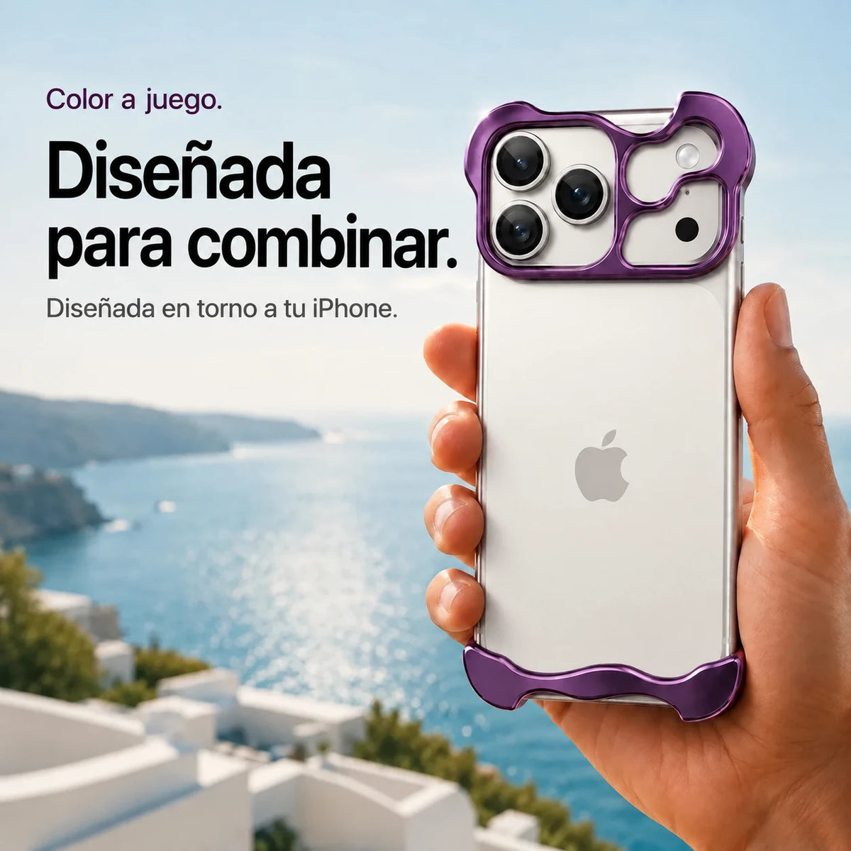 Violet sculpted metal phone case held in a hand above a coastal background #color_Lavender Purple