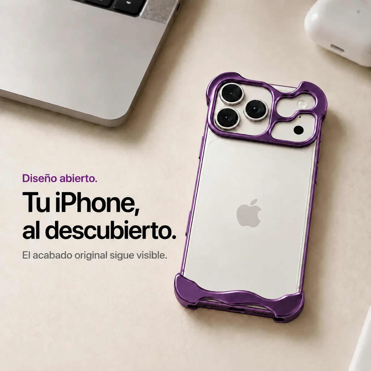 Violet sculpted metal phone case on a desk showing the open back #color_Lavender Purple